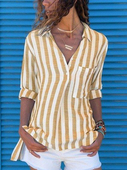 Casual V Neck Cotton-Blend Long Sleeve Shirts