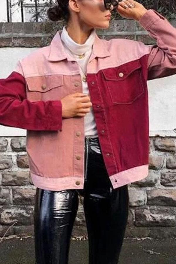 Fashion Round Collar Splice Pocket Button Long-Sleeved Jacket
