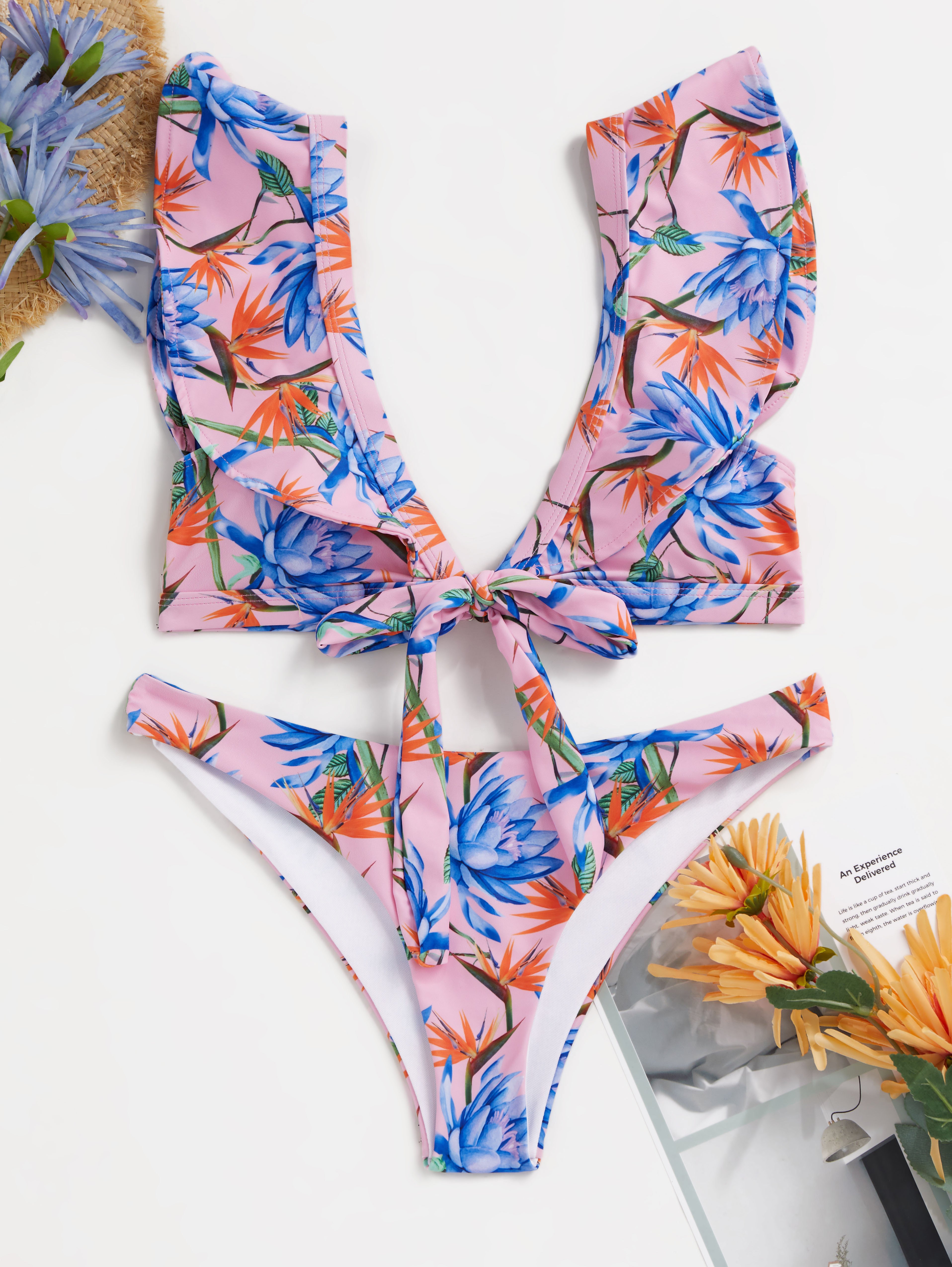 Frilled Tie Floral Print Bikini
