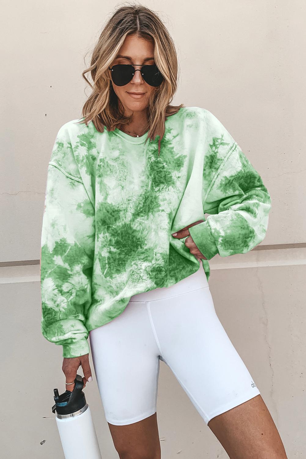Green Tie-dyed Round Neck Sweatshirt