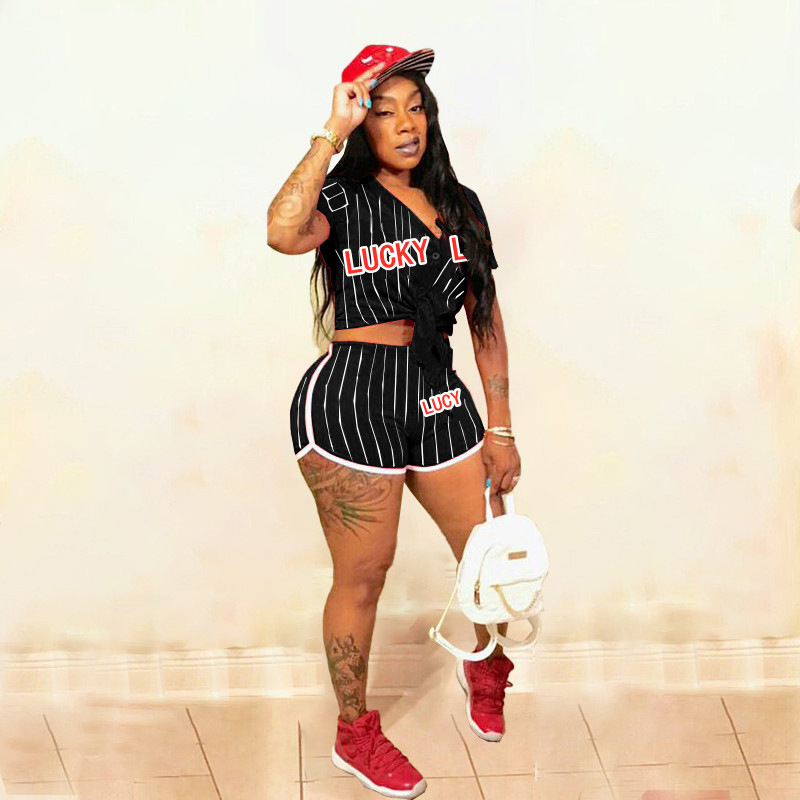 Letter-print striped baseball two-piece button set MN8363