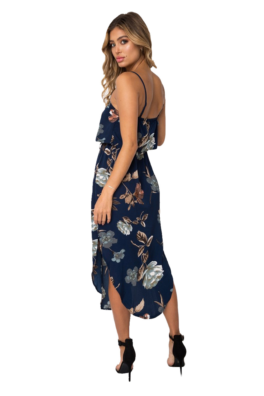 Navy Floral Print Summer Holiday Party Boho Dress
