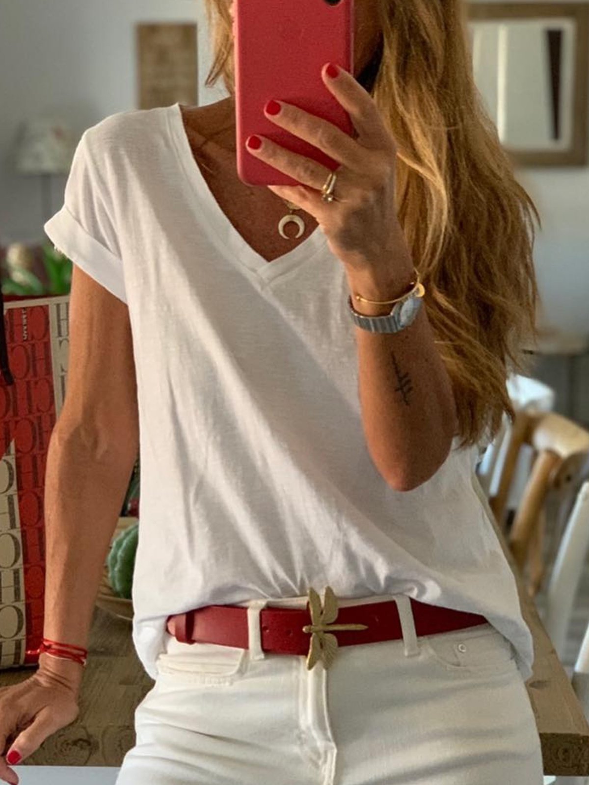 Casual Cotton V Neck Solid Shirts & Tops