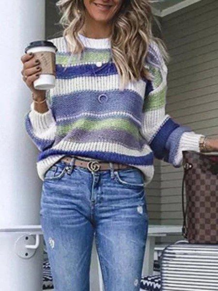 Long Sleeve Crew Neck Striped Sweaters