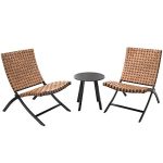 Grand Patio 3 Piece Outdoor Folding Adirondack Chairs, Weather Resistant Rattan Patio Chairs and Coffee Table for Balcony Lawn Porch Garden, Natural Brown
