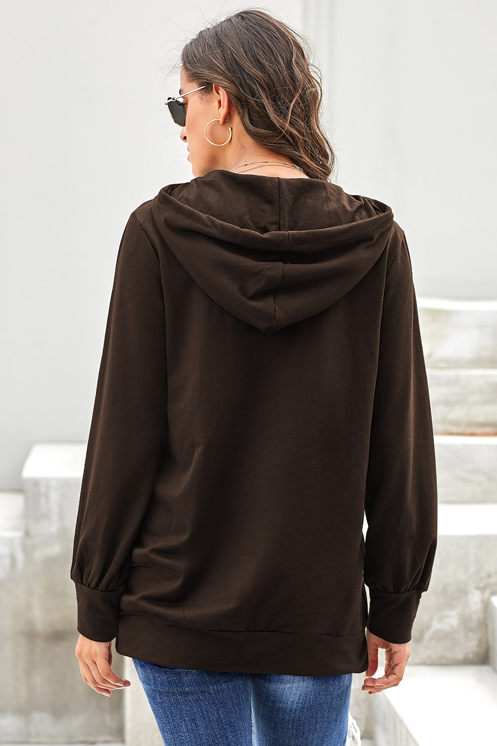Brown Long Sleeve Hoodie with Rope Drawstring