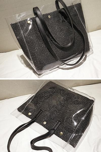 Women's Causal Snap PVC Woven Straw Tote Bag