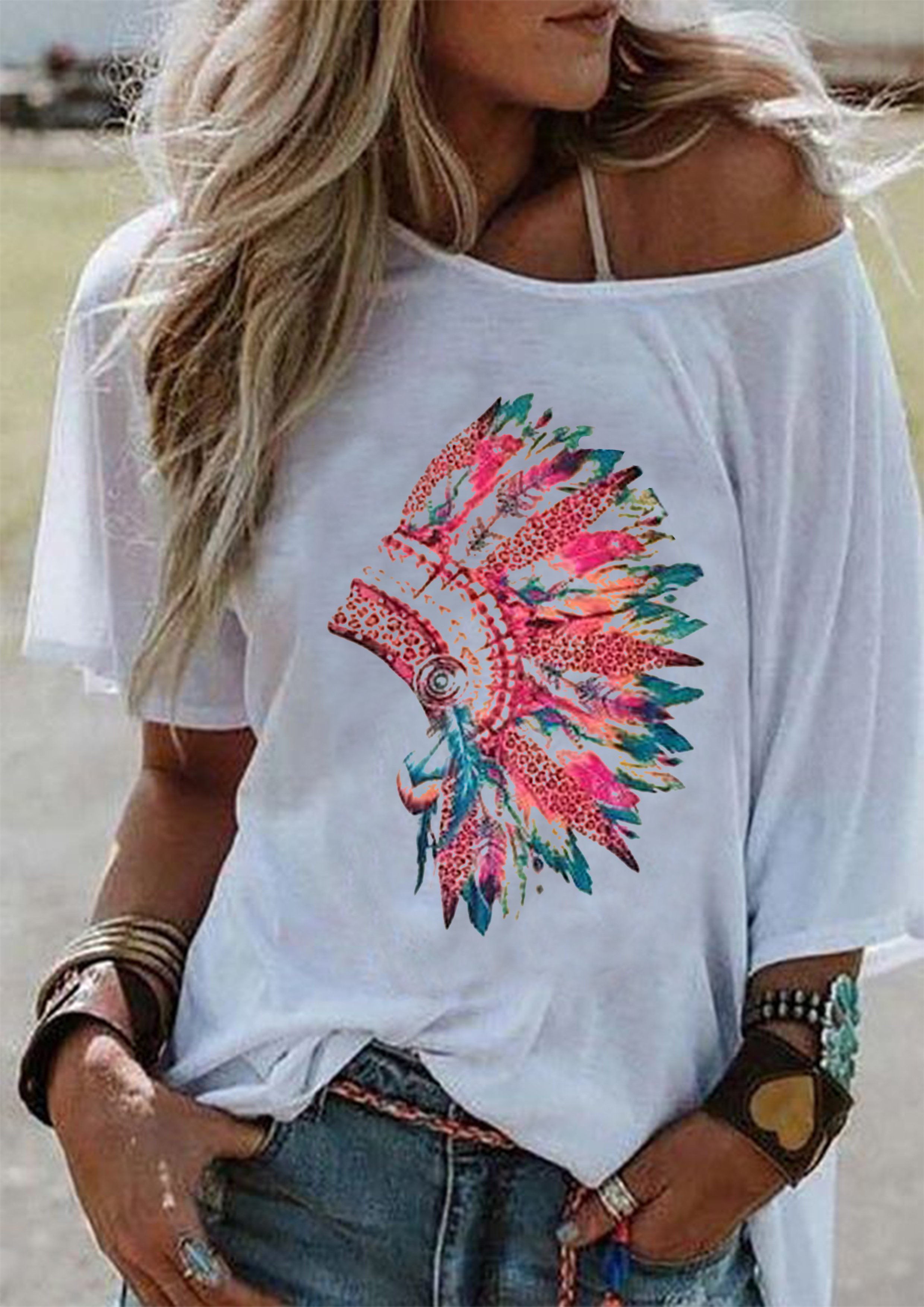 Casual Loose Print Big Round Neck Short Sleeve T-Shirt