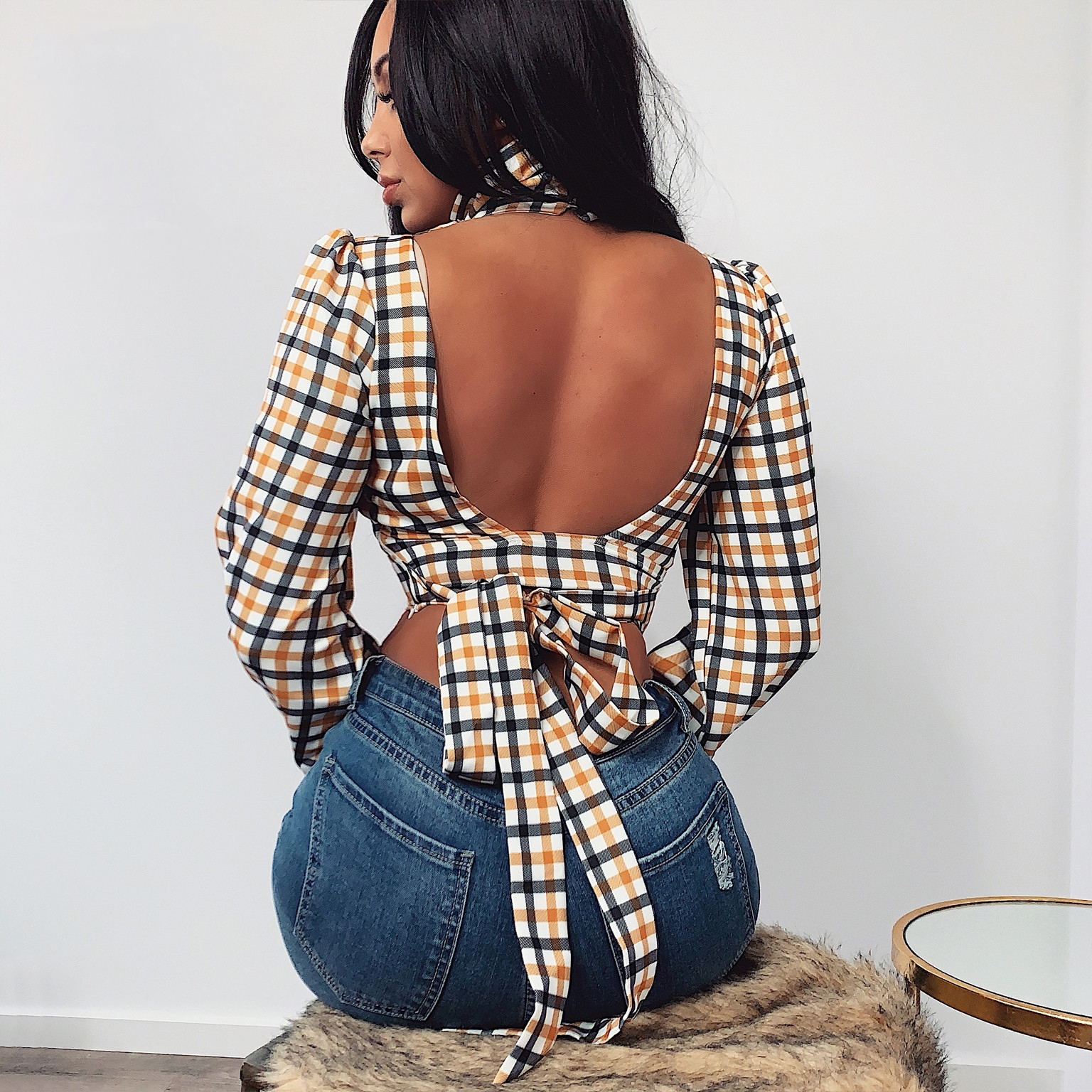 Plaid Print Vintage Crop Top with Sleeves