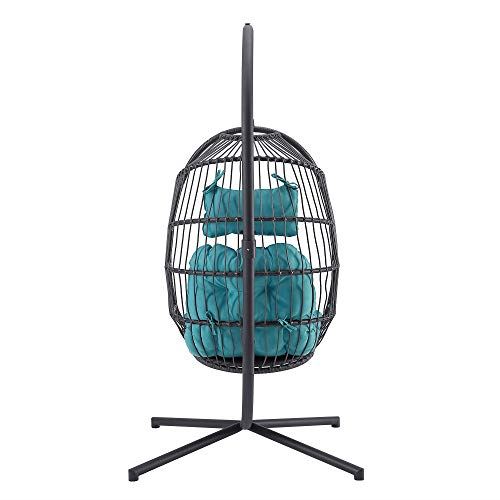 Walker Edison Carmel Modern Rattan Hanging Egg Swing Chair with Stand, 78 Inch, Grey and Teal