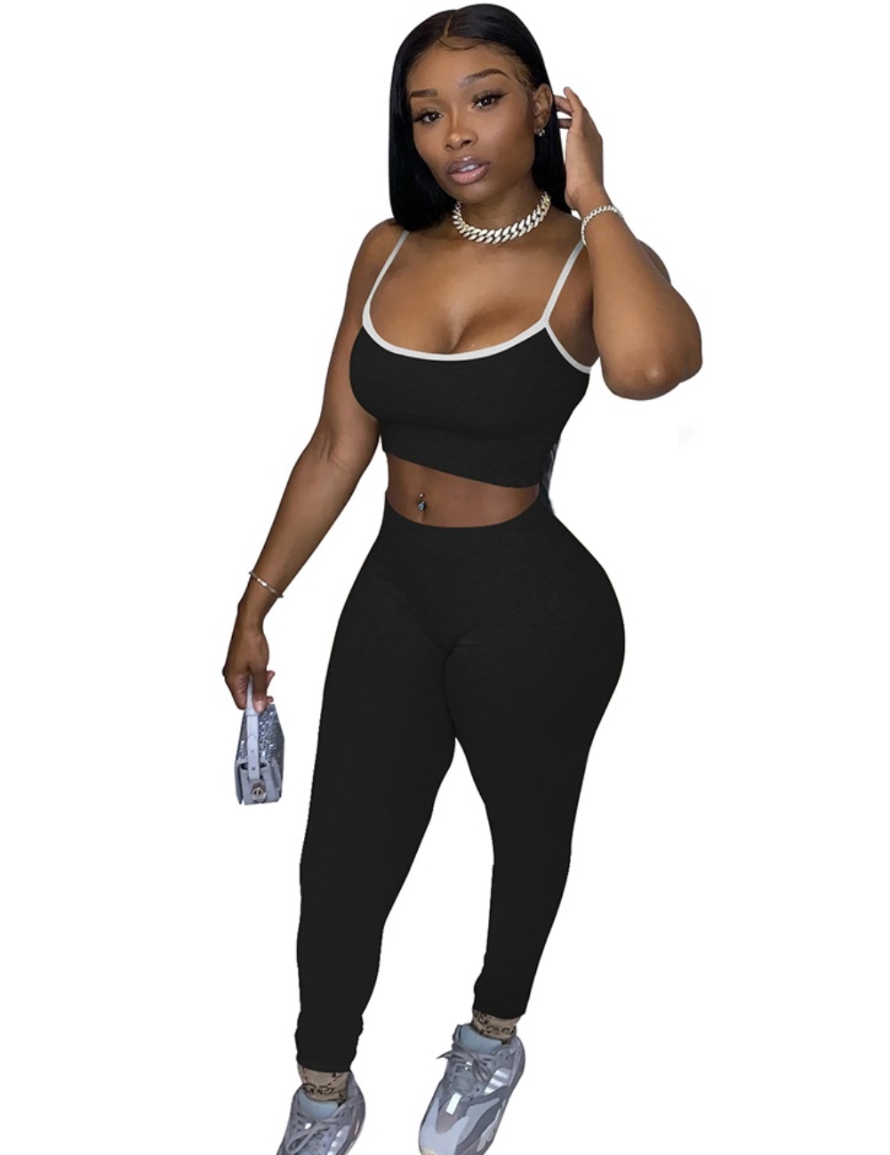 Sports Plain Strap Crop Top and High Waist Legging Set