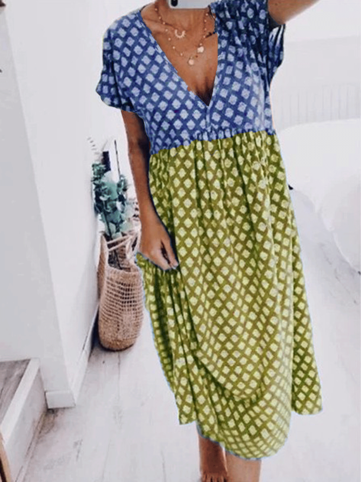 Short Sleeve Cotton-Blend V Neck Dresses