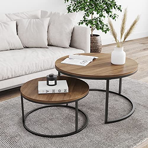 Round Modern Nesting Coffee with Industrial Wood Finish for Living Room / Set of 2
