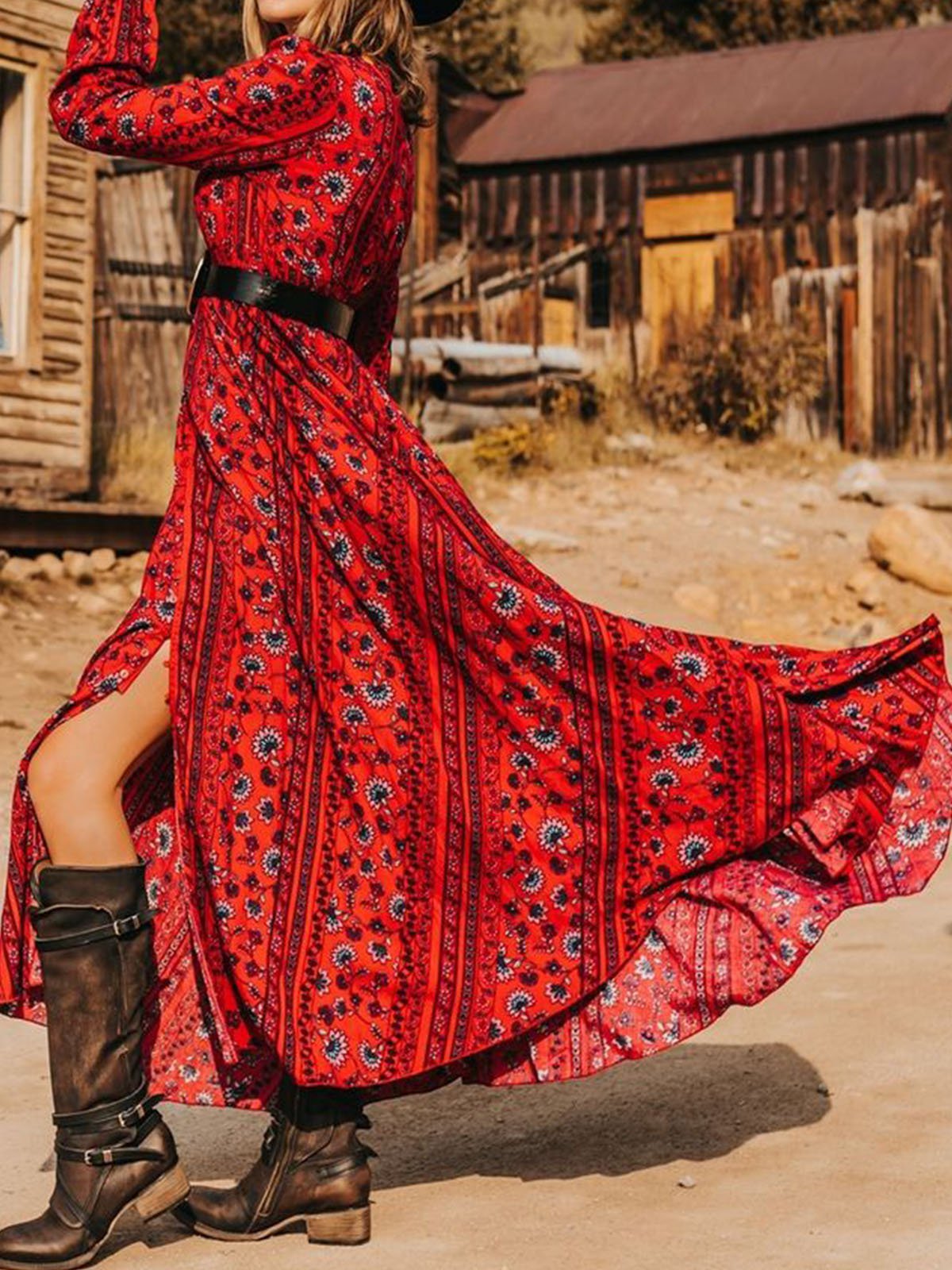 V Neck Casual Long Sleeve Floral Dresses