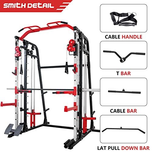 Mikolo Smith Machine, Multi-Functional Power Cage with LAT Pulldown System, Weight Cage Squat Rack with Weight Bar