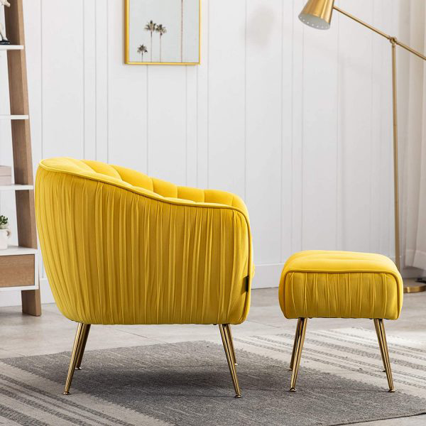 Velvet Modern Tub Barrel Armchair with Soft Tufted Gold Metal Legs Upholstered Club Chair with Ottoman Footrest for Living Room, Reading Room and Bedroom