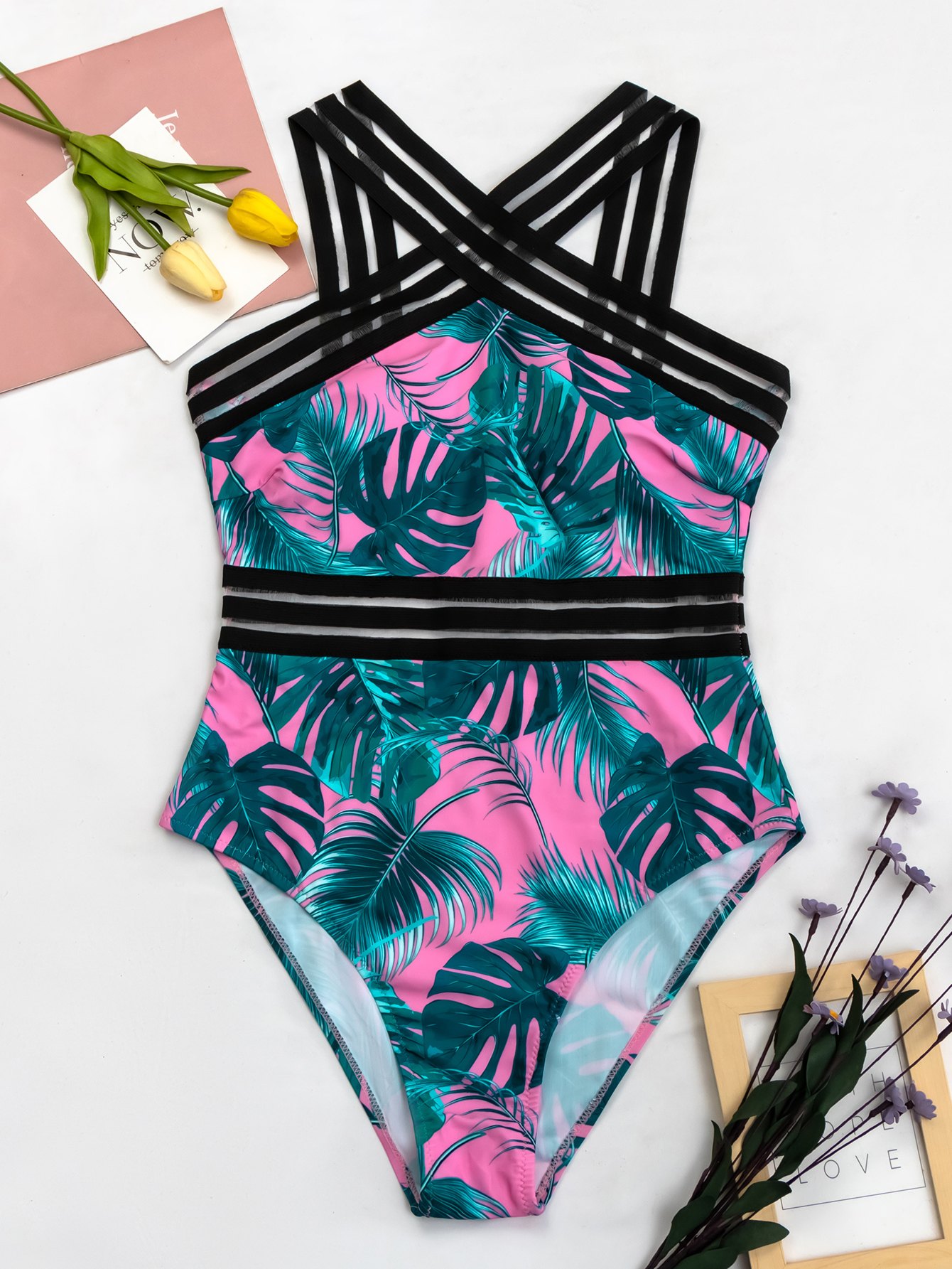 Leaf Print Crisscross One-Piece Swimwear