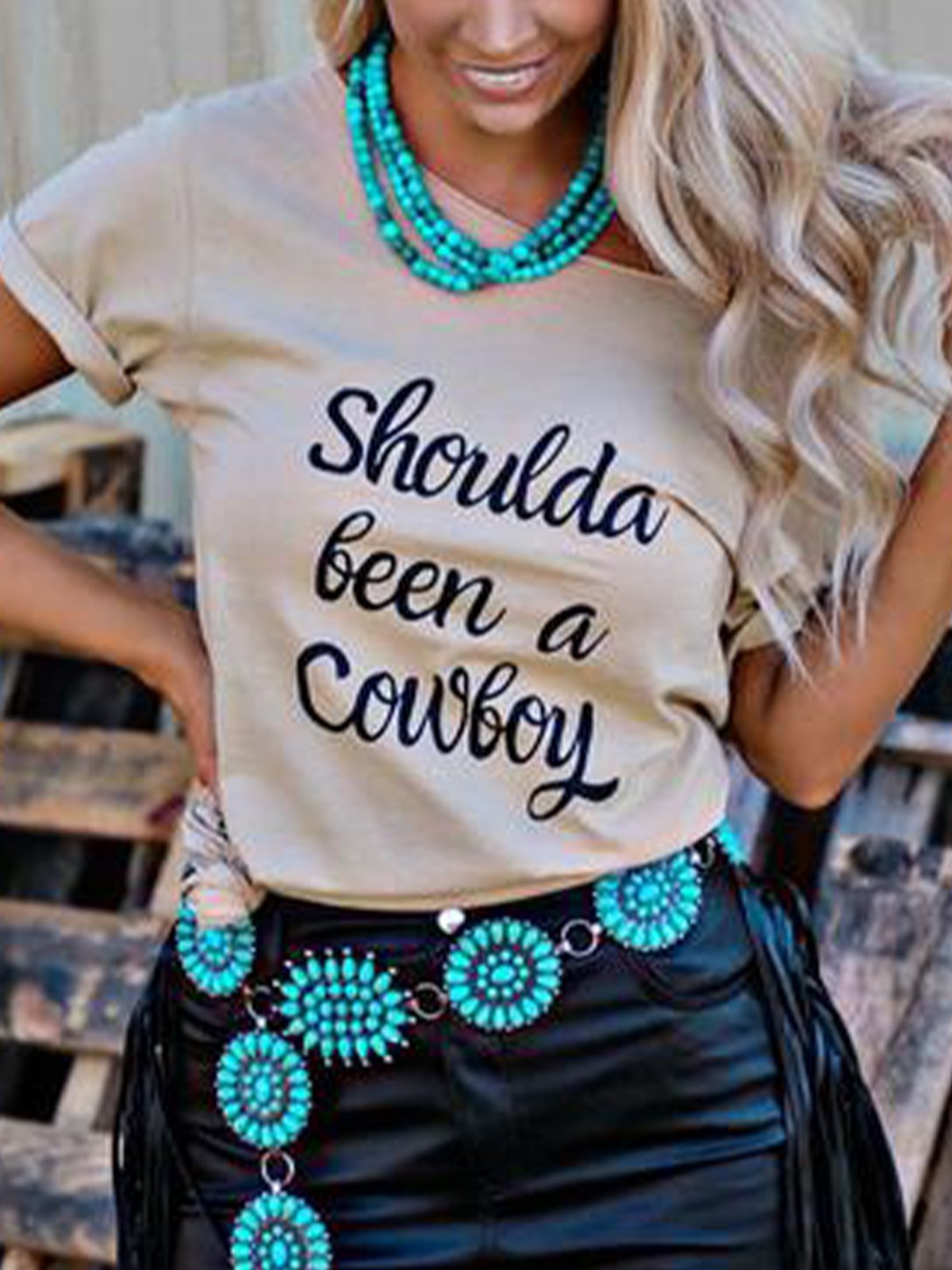 Creamy White Crew Neck Letter Shift Casual Shirts & Tops