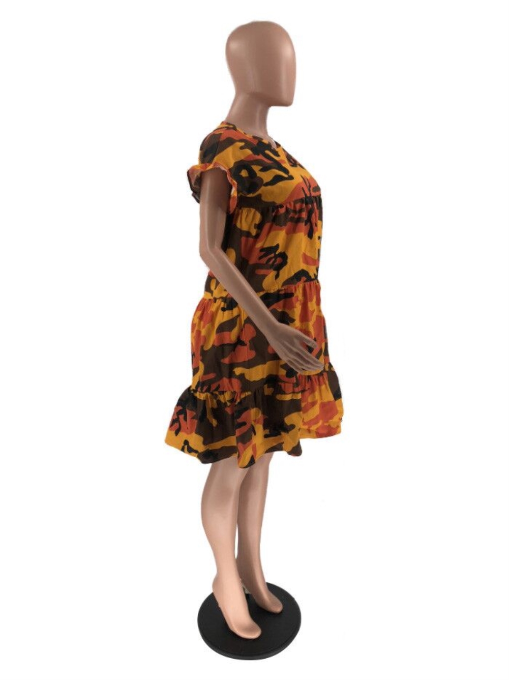 Camou Print A-Line Ruffle Shirt Dress