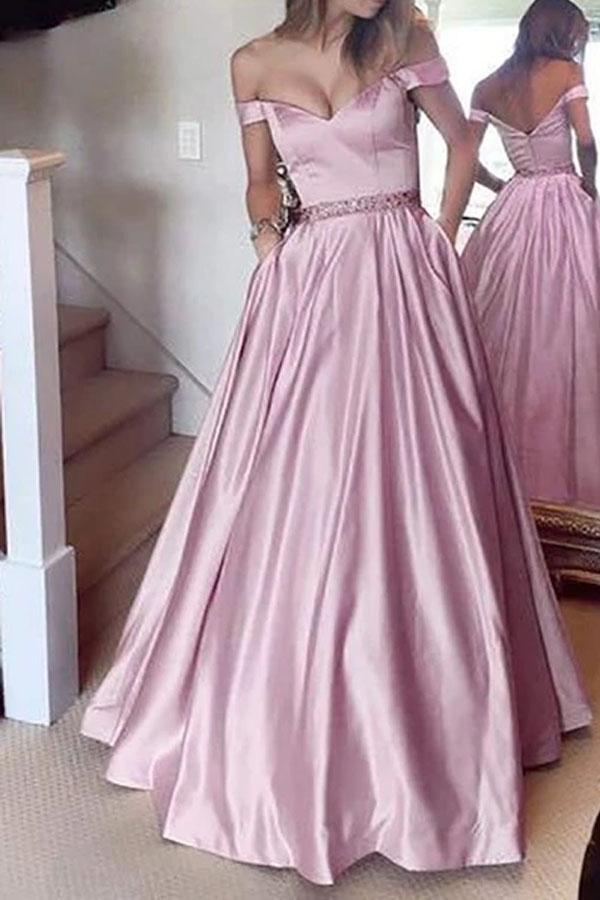 Fashion Off-Shoulder Pure Colour Evening Dress