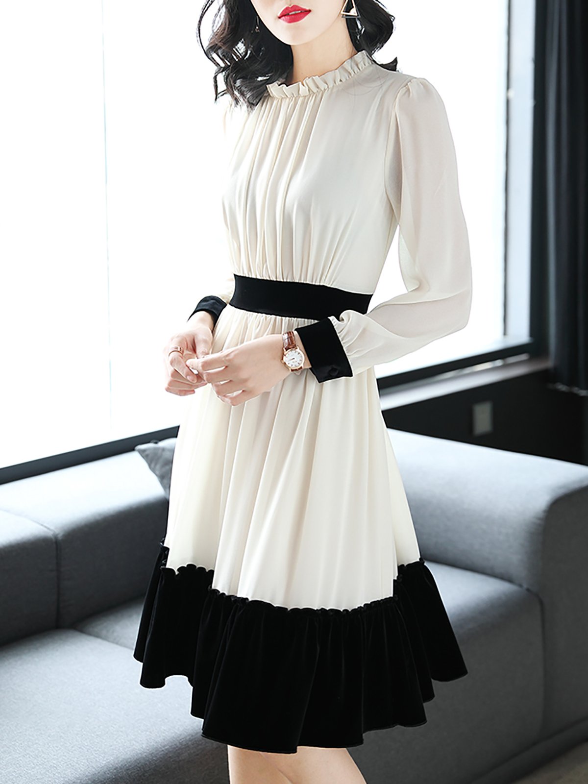 White Chiffon Elegant Ruffled Midi Dress