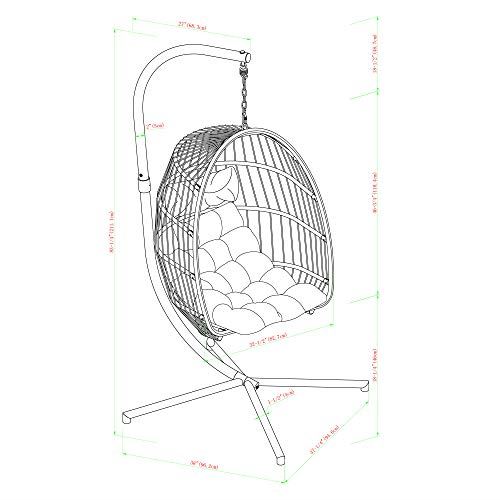 Walker Edison Carmel Modern Rattan Hanging Egg Swing Chair with Stand, 78 Inch, Grey and Teal