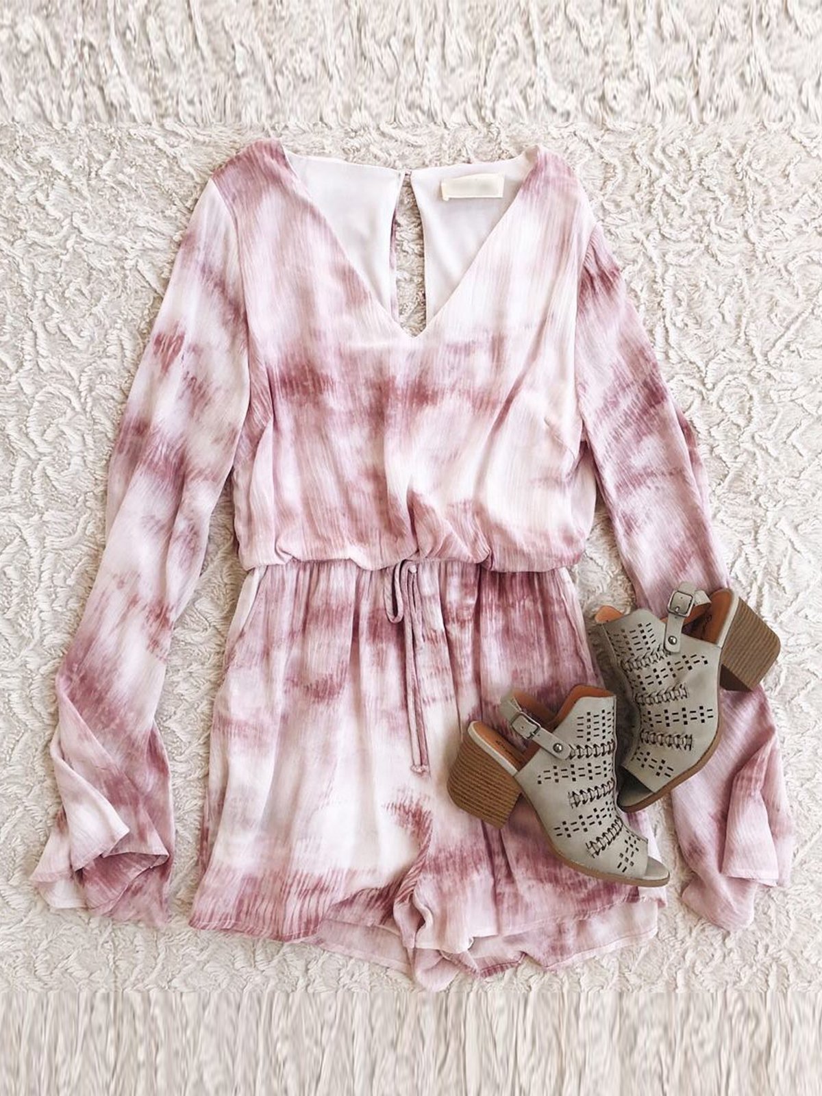 Pink Cotton V Neck Long Sleeve Jumpsuits