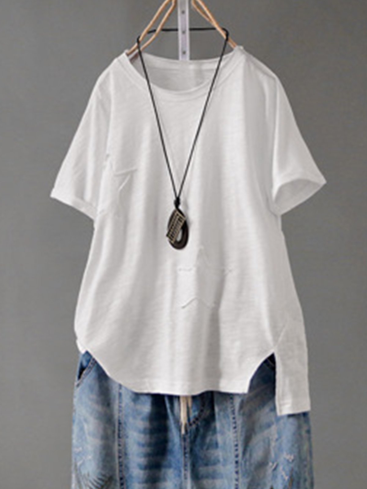 Solid Round Neck Cotton-Blend Shirts & Tops