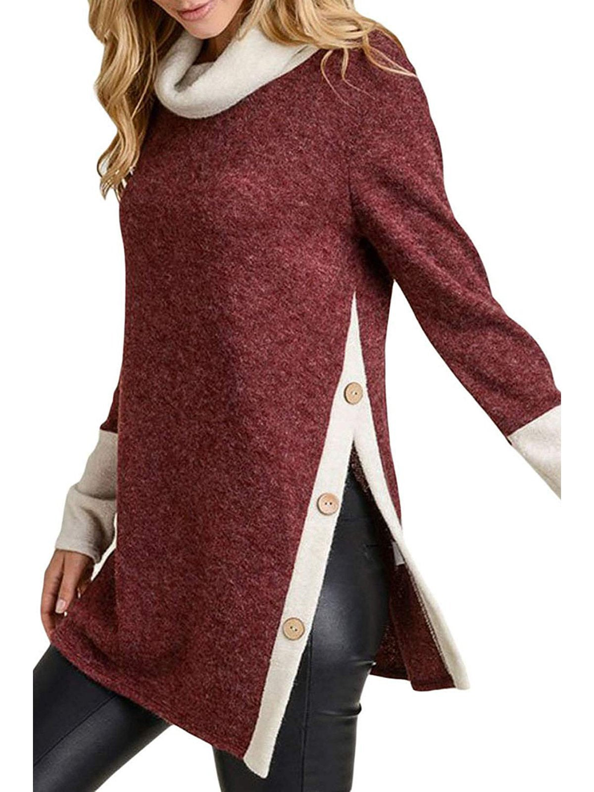 Cowl Neck Casual Patchwork Vented Sweater