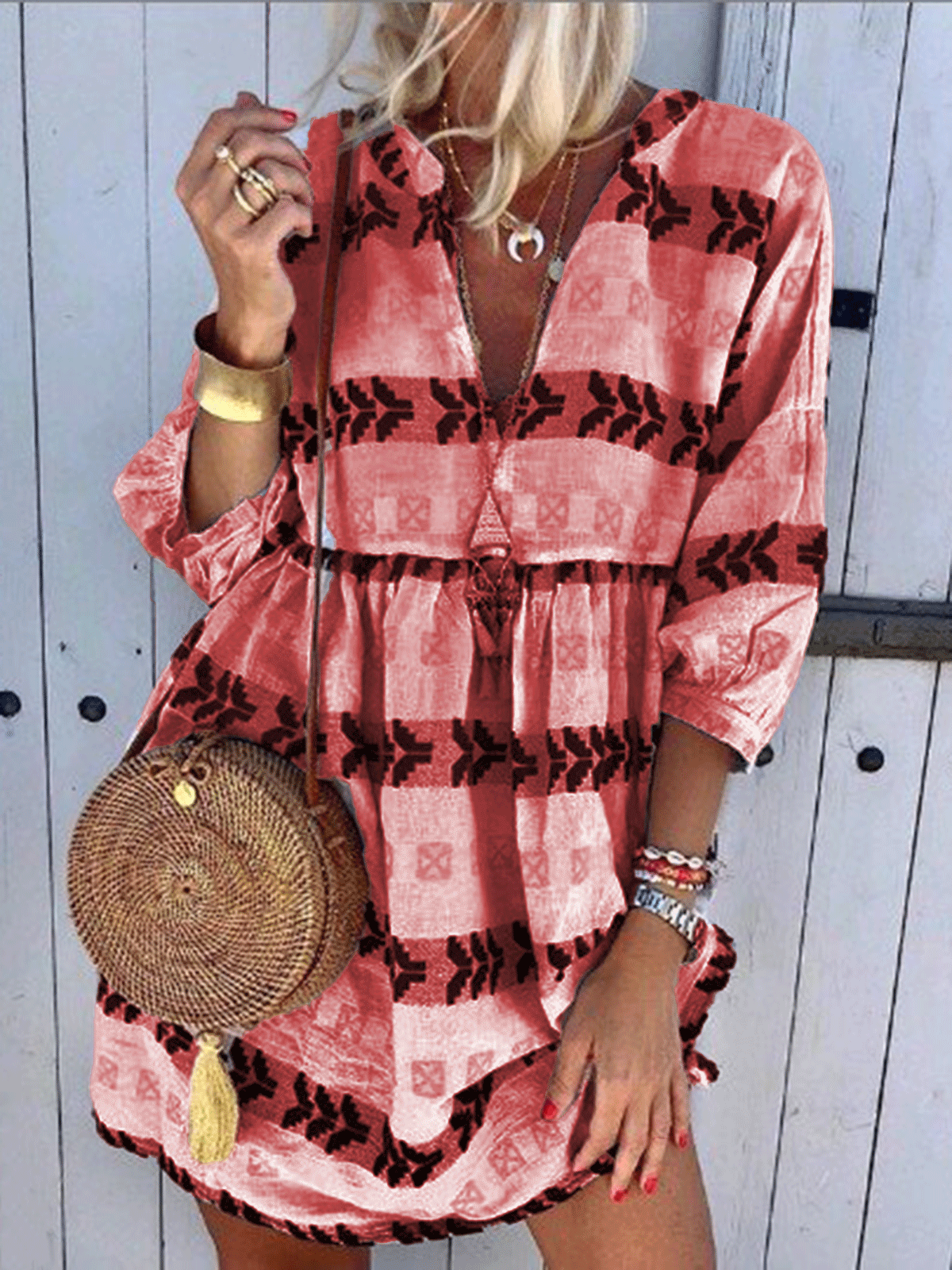 White Cotton-Blend Casual V Neck Stripes Dresses