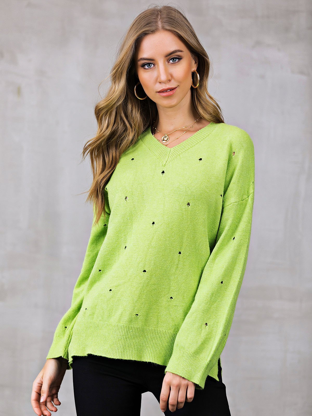 Eyelet Shift V Neck Casual Sweaters
