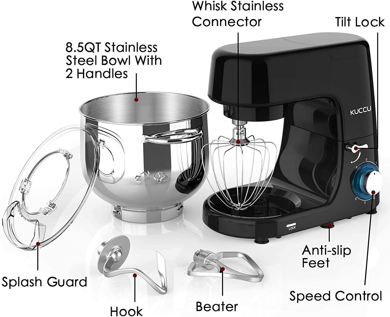 Kuccu Stand Mixer, 8.5 Qt 660W, 6-Speed Tilt-Head Food Dough Mixer,8.5-QT / Silver