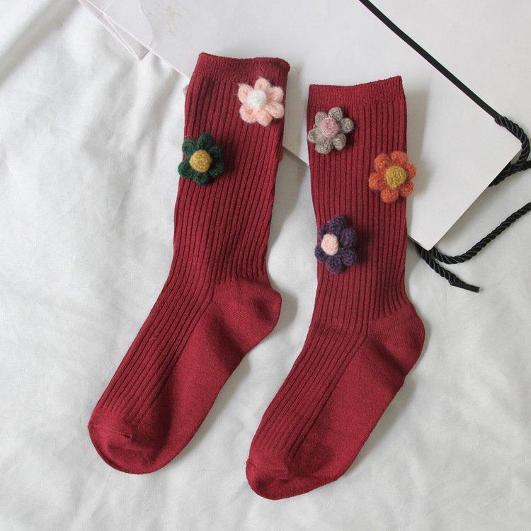 Three-dimensional flower cotton women's vertical tube socks