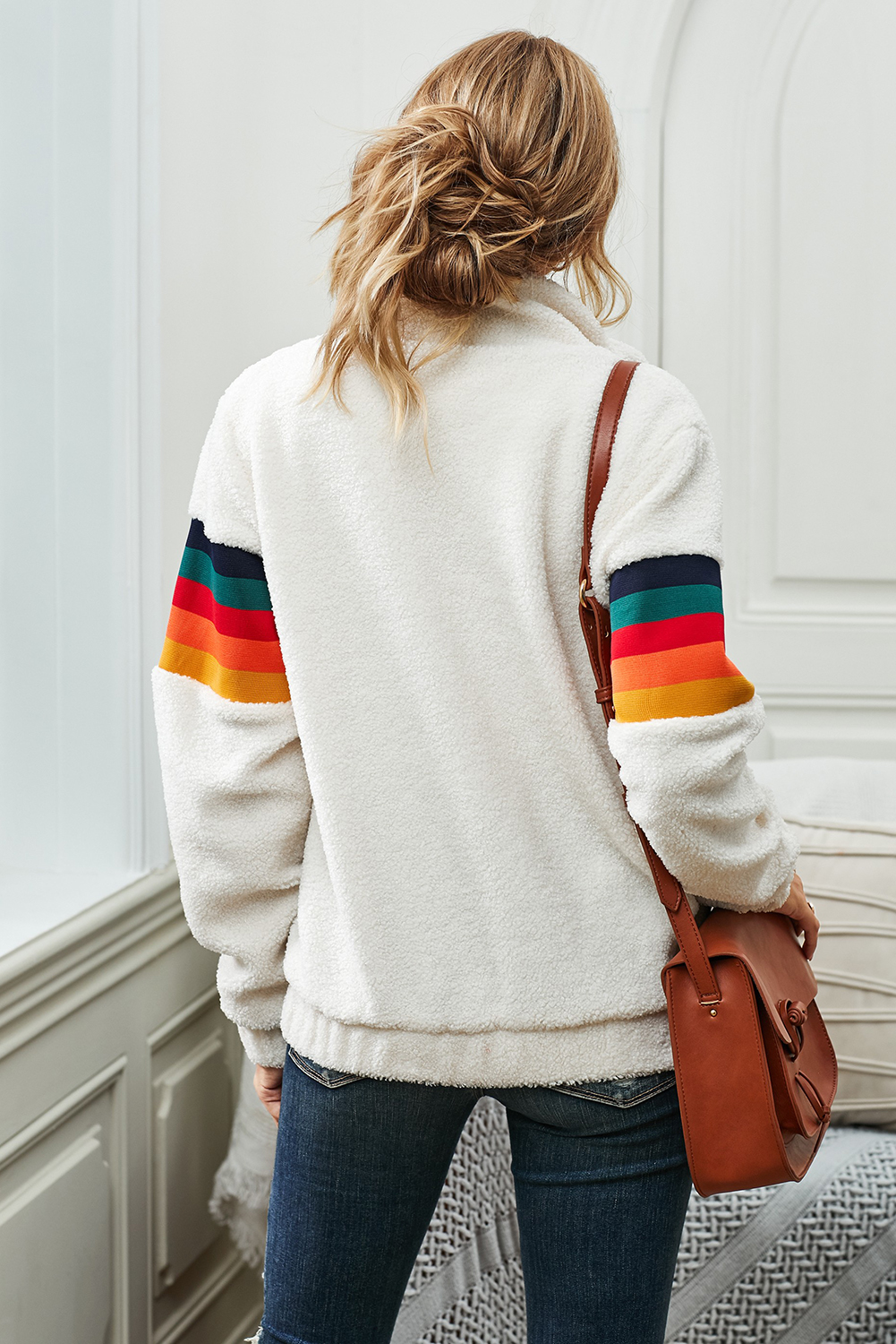可爱彩虹条纹白色夏尔巴人夹克外套