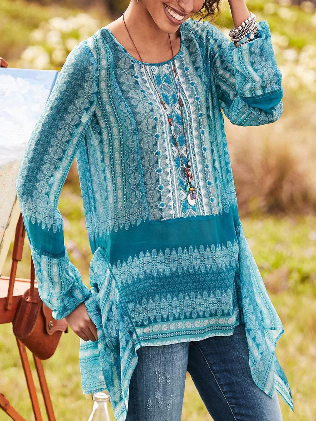 Vintage  Women  Round Neck Long Sleeve Casual Tops