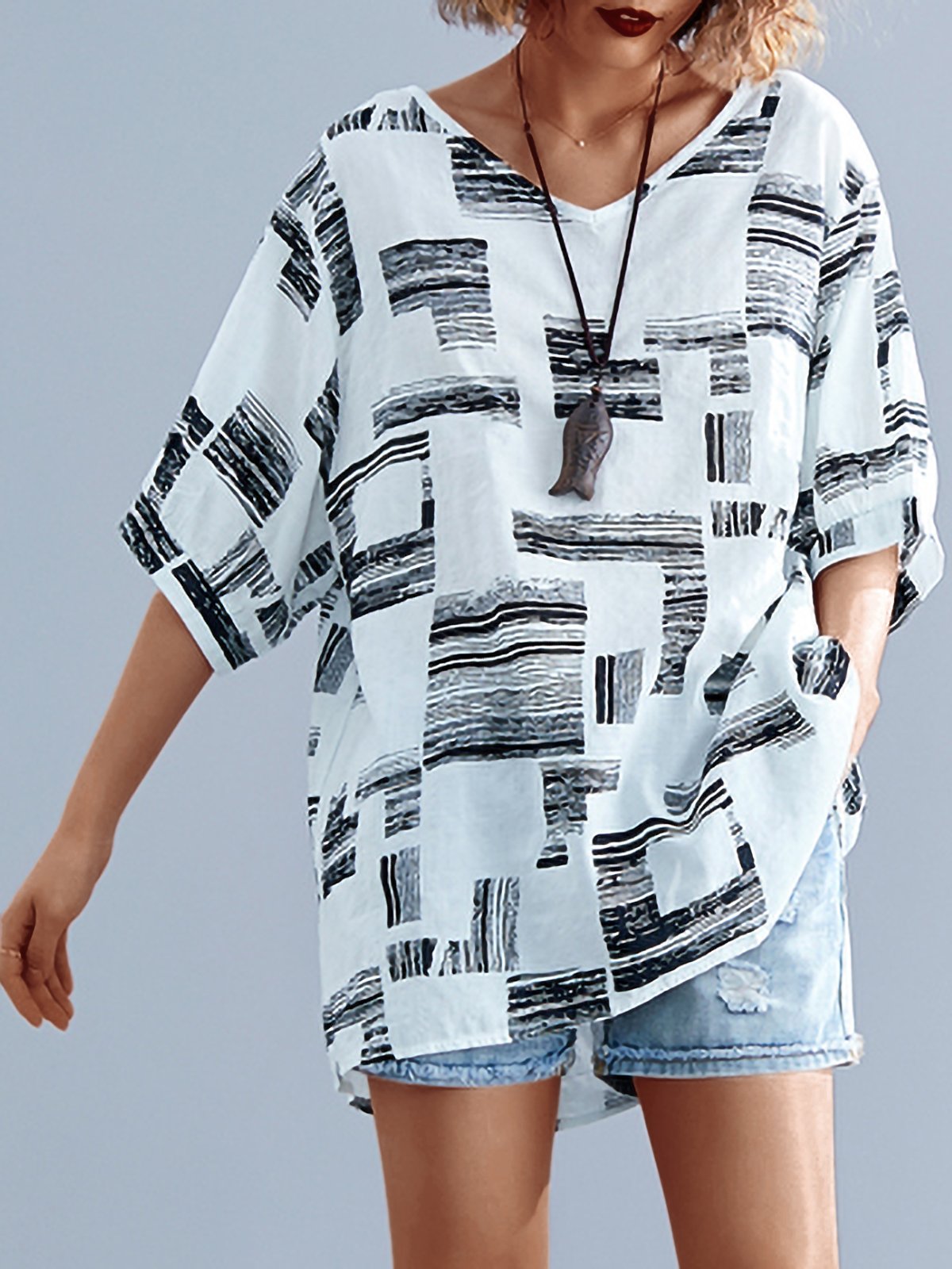 Plus Size Women Short Sleeve V Neck Vintage Floral Casual Tops