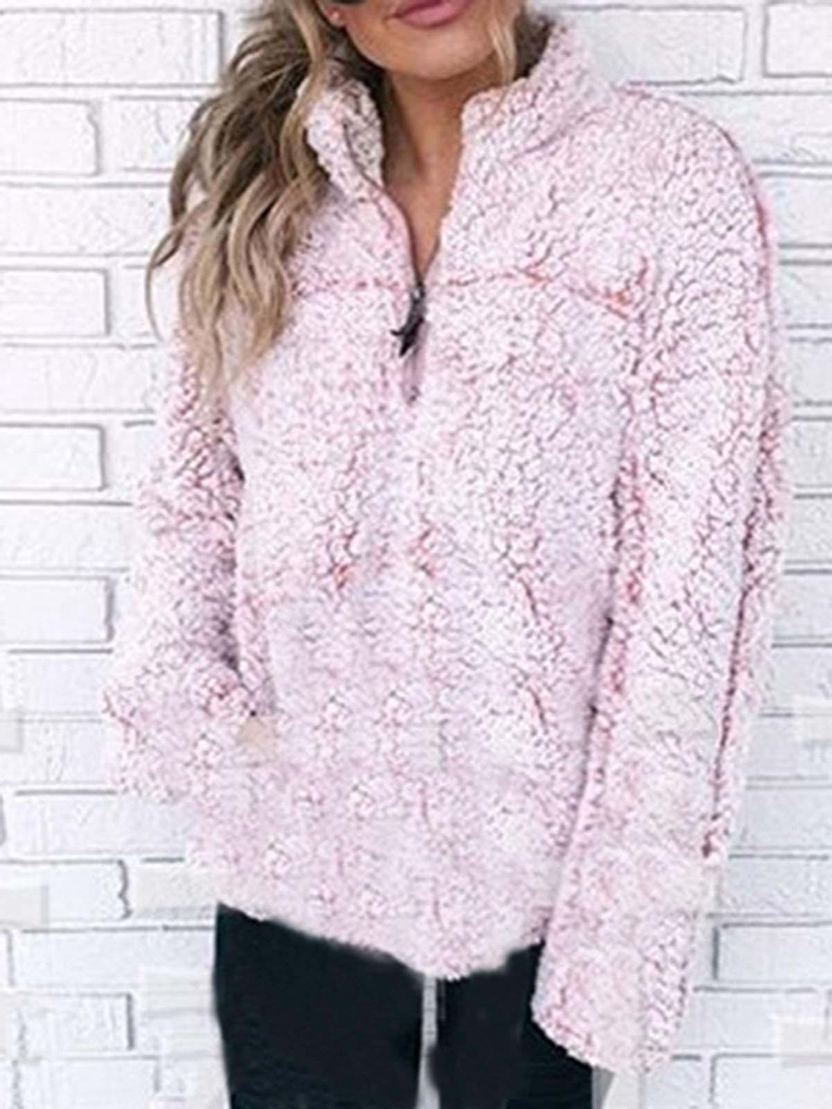 Pink Stand-up Neck Zipper Casual Hoodies & Sweatshirt