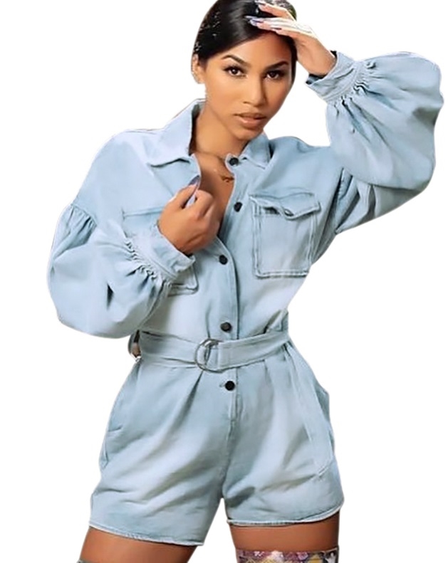 Button Up Blue Denim Rompers with Belt