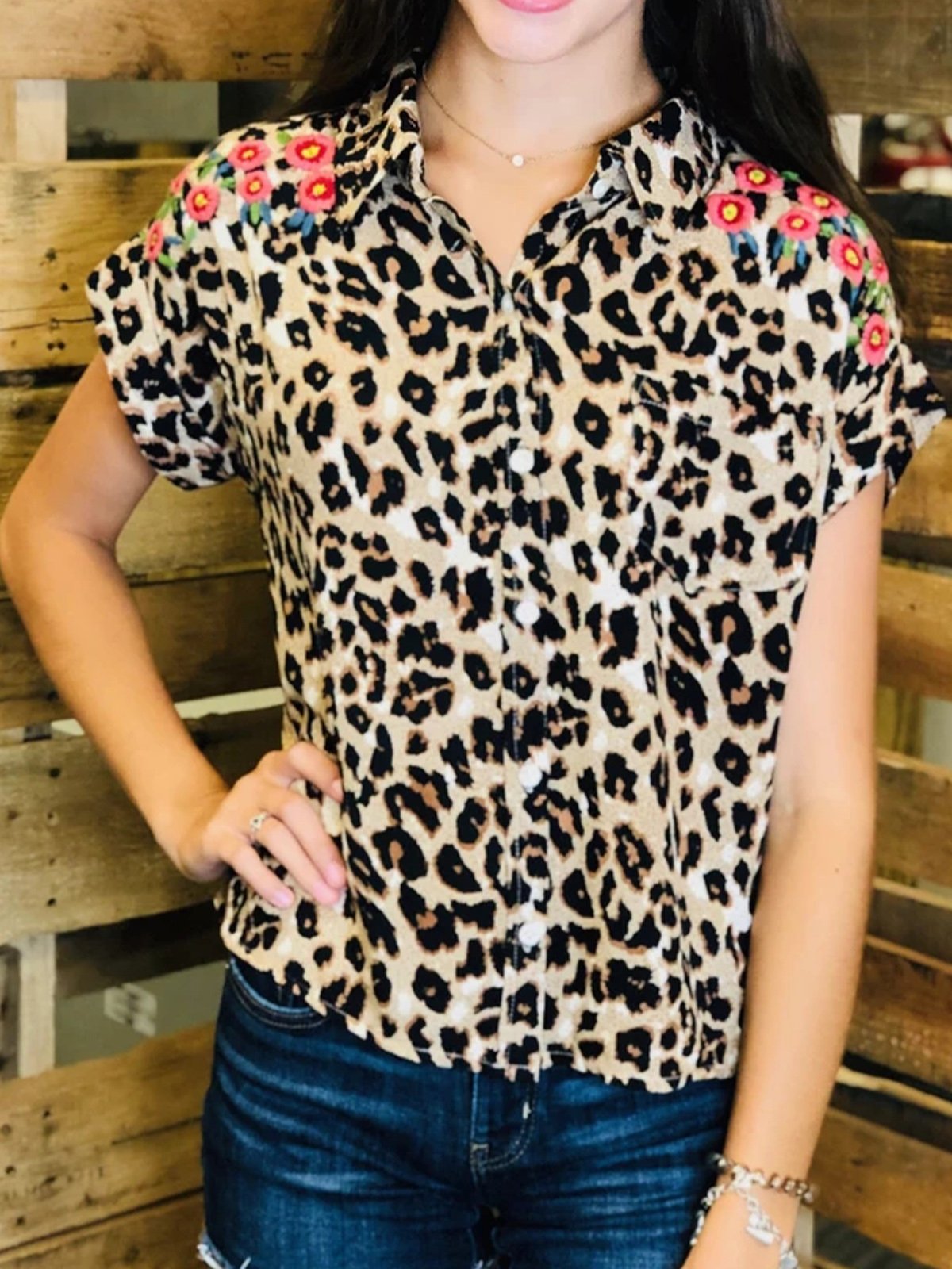 Vintage Short Sleeve Shirt Collar Cotton-Blend Shirts & Tops