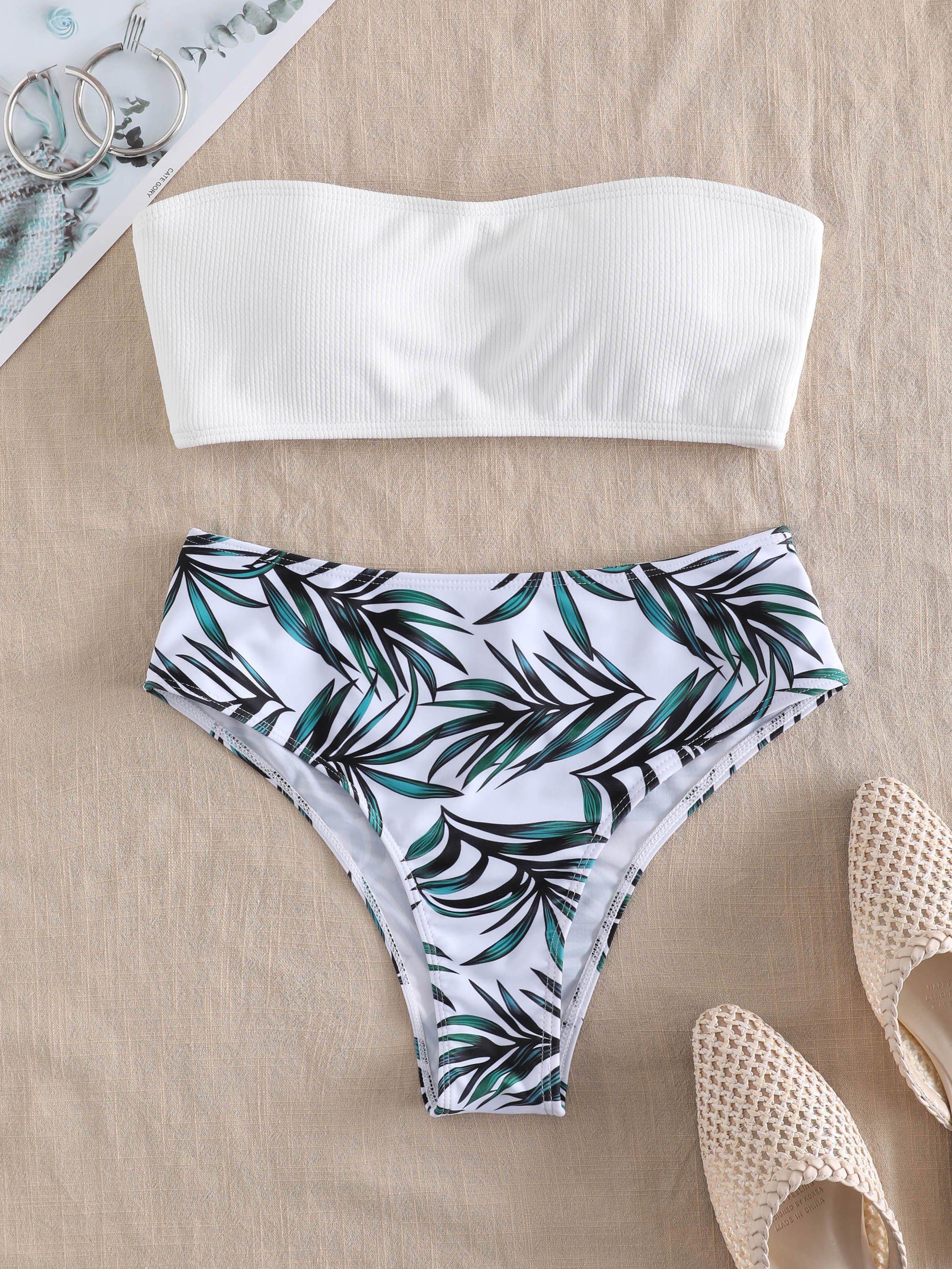 Ribbed Leaf Print Bandeau Bikini