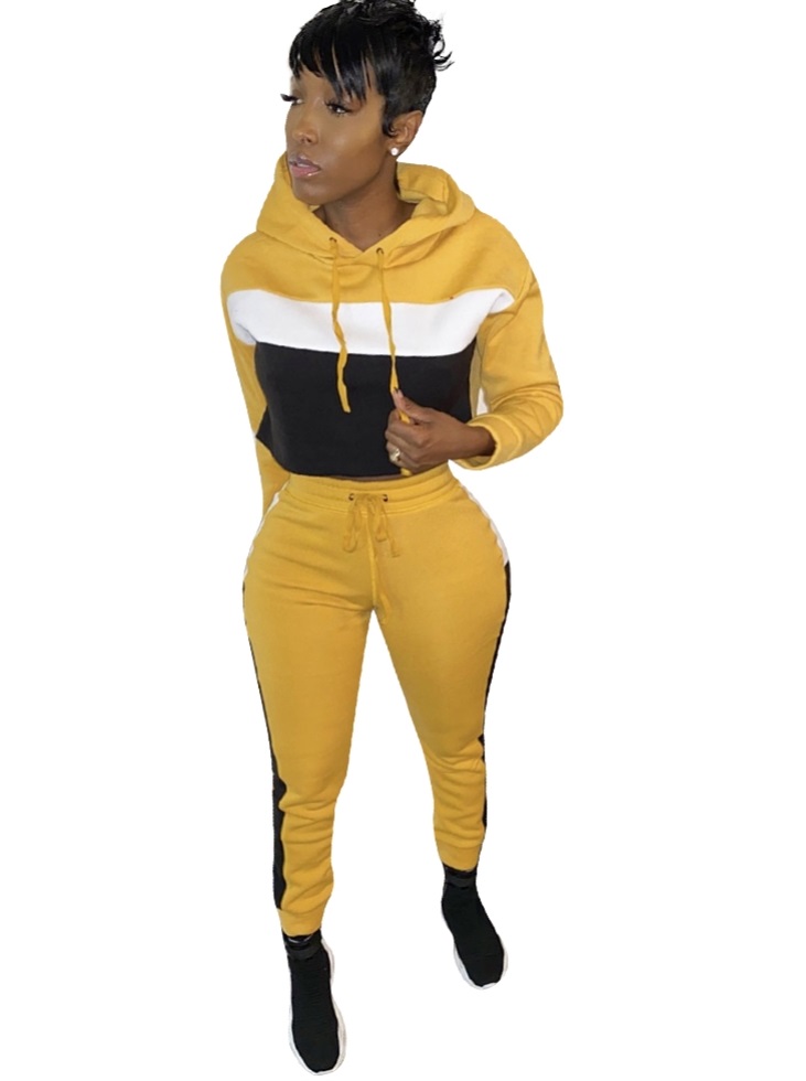 Color Block Long Sleeve Crop Top and Pants Set