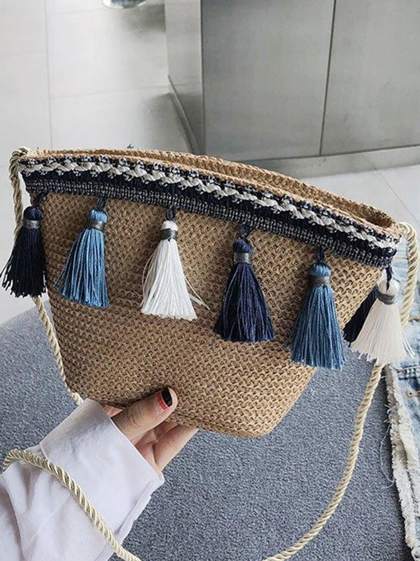 Women Tassel Straw Basket Bag Daytime Beach Shoulder Bags