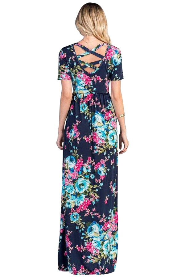 Rosy Aqua Floral Pattern Short Sleeve Summer Maxi Dress in Navy