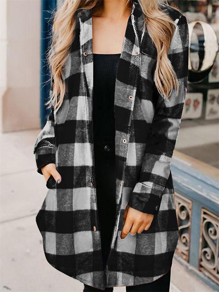 Elegant Plaid Lapel Long Sleeve Loose Coats