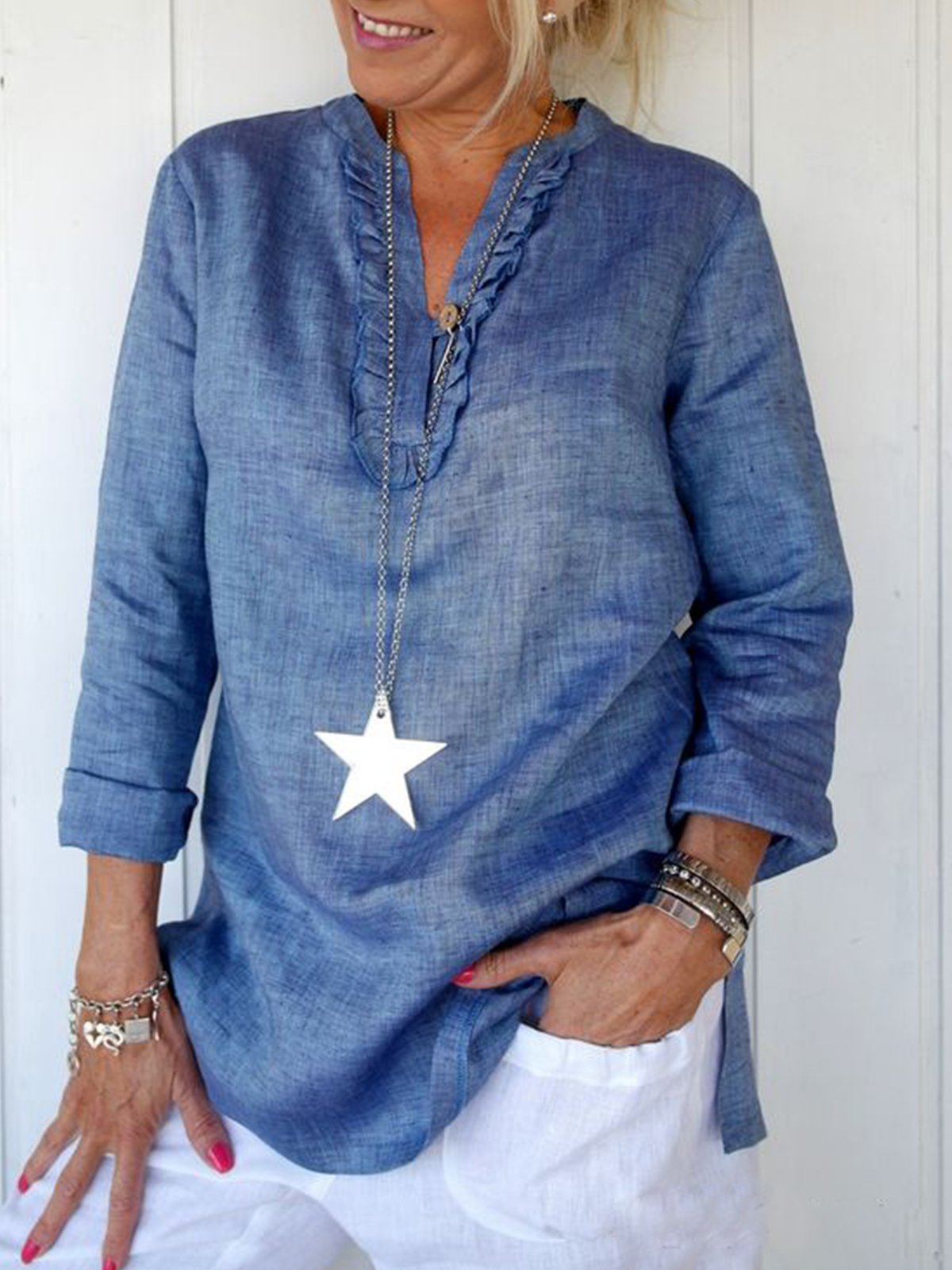 Long Sleeve Flounce V Neck Slit Causal Tops