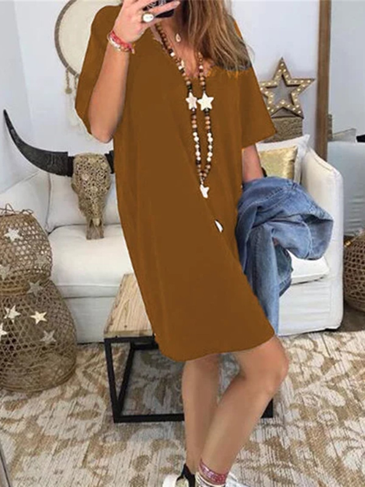 Women Dresses V Neck Shift Daily Vintage Cotton-Blend Dresses