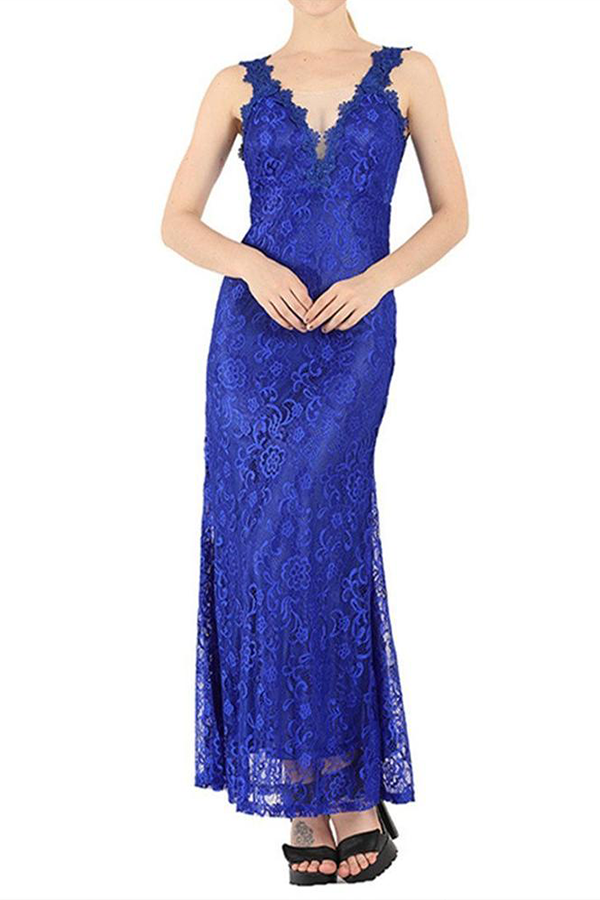 Sexy V Neck Lace Backless Dress