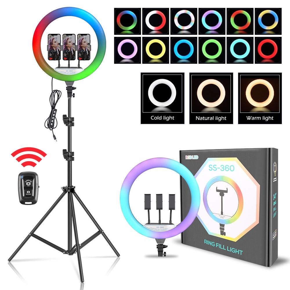 14Inch REB Ring Light With Tripod Stand Bluetooth Selfie LED Lamp Dimmable Photography