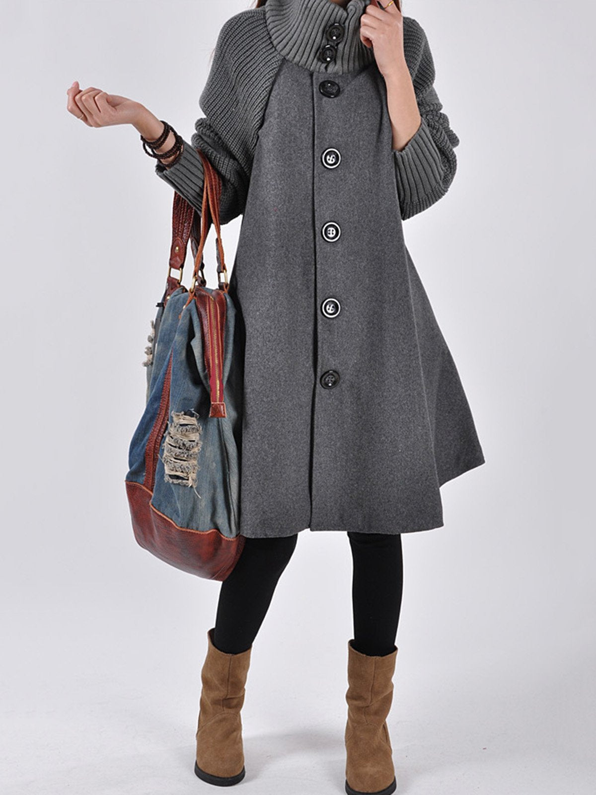 Red Plain Long Sleeve Turtle Neck Coats Jacket