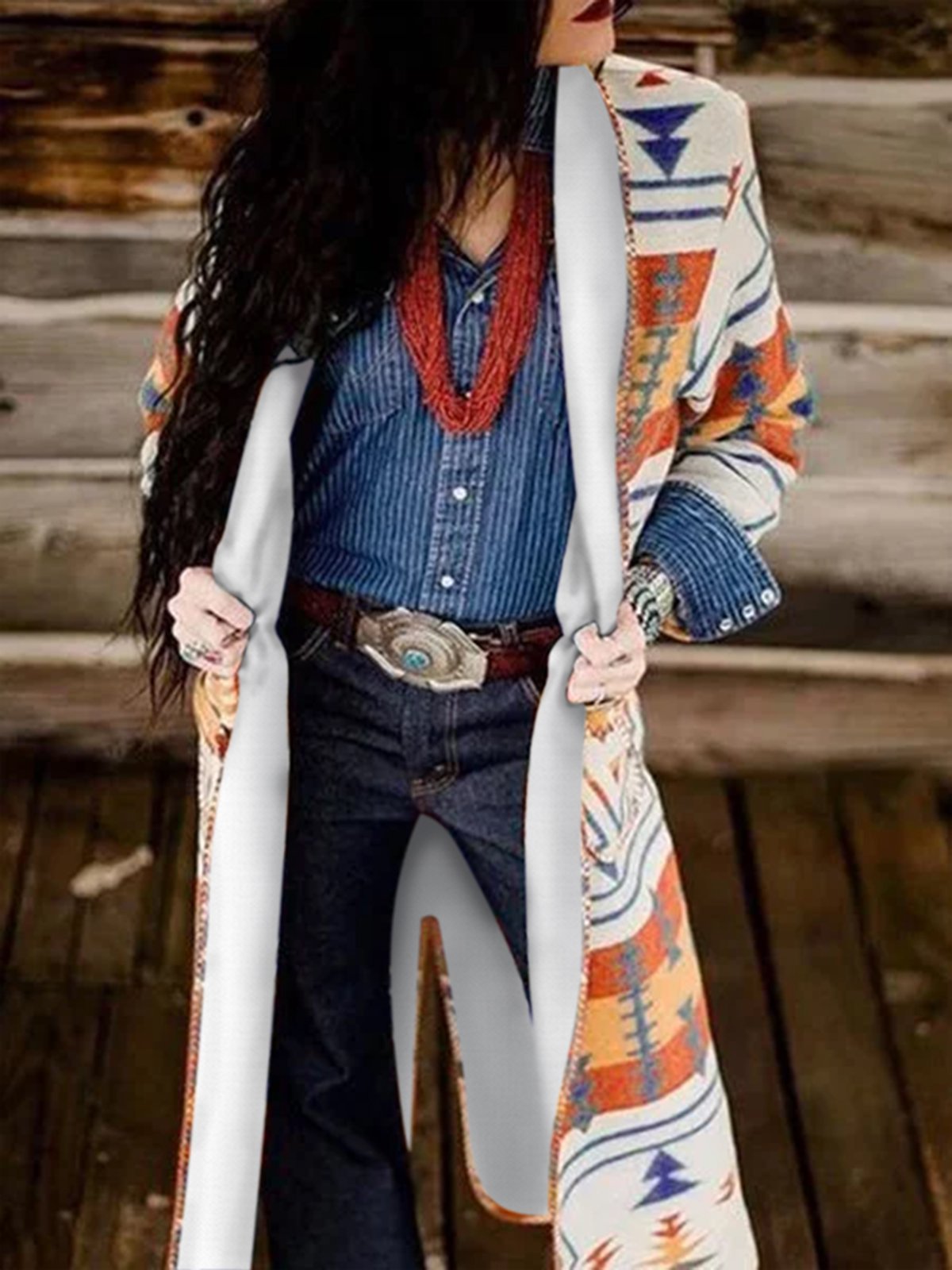 Tribal Printed Shawl Collar Cardigan